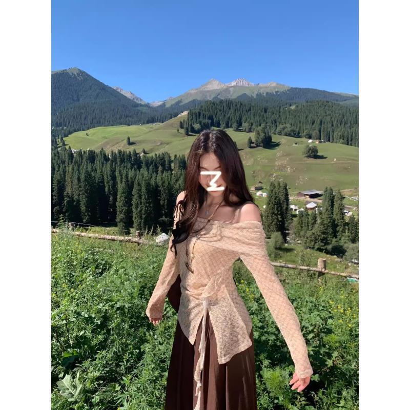 温柔风甜美气质套装一字肩开叉格纹长袖蕾丝衫女早秋休闲裤两件套|undefined