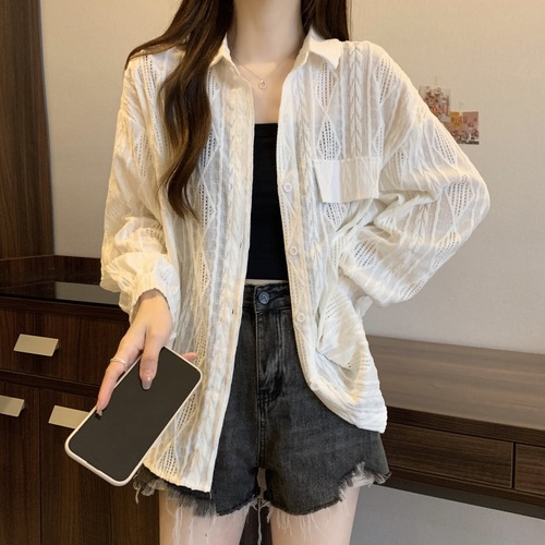 Women's Spring and Autumn New Casual Crochet Lattice Blouse with Design Sense, Elegant Women's Slimming White Shirt Top Trendy