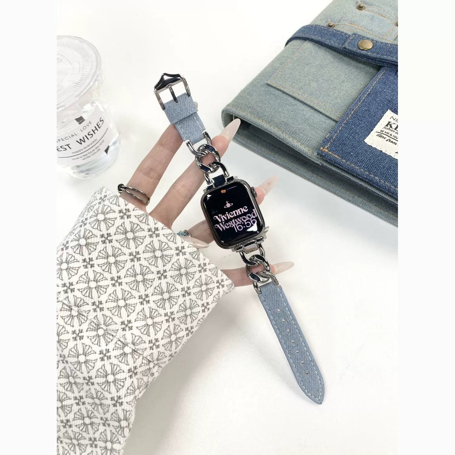 Подходит для Apple Watch S10 Ultra, ремешок для маленького аромата iWatch987654, деним цепочка