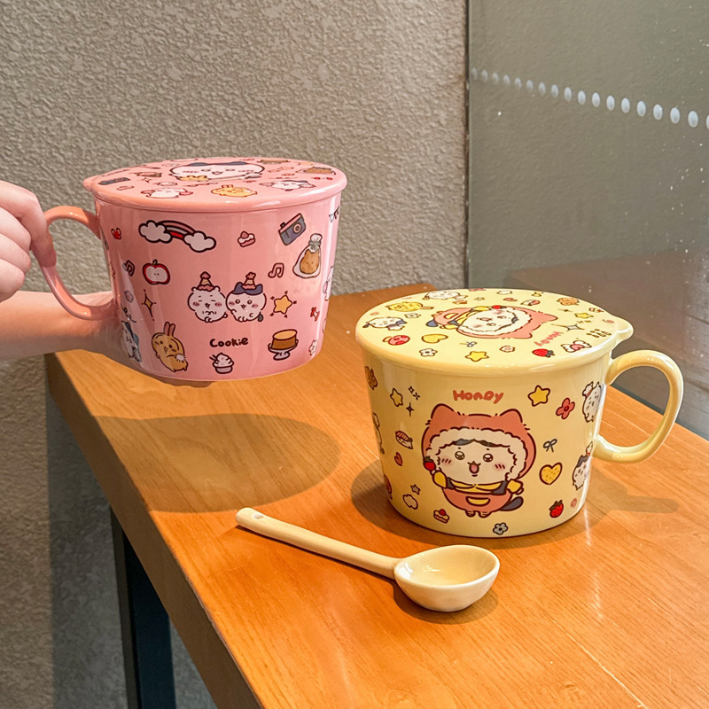 かわいいウサキ小八陶磁器泡麺カップ蓋付き学生寮用食器大容量ナット粉ボウルスープボウル|undefined