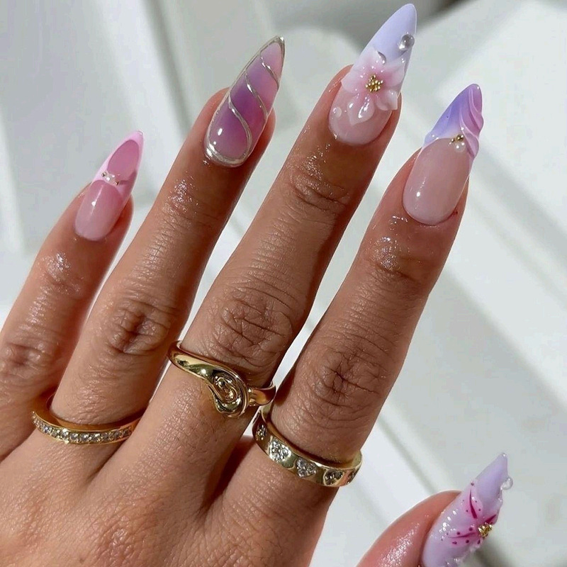 European and American Fashion 3D Carved Purple Pink Flower Dreamy Wearable Nails Stereo Flower Pearl Manicure Pieces Wearable Fake Nails