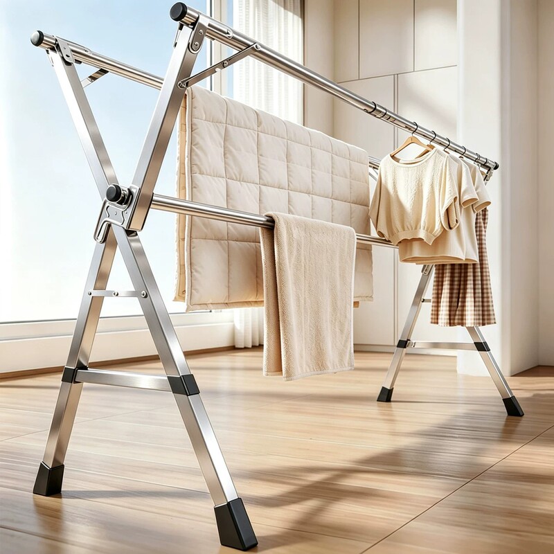 Foldable clothes drying rack, floor-standing, for home use, multifunctional, suitable for balconies and outdoor use, extendable clothes drying pole, perfect for drying blankets
