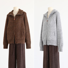 秋冬韩版高领翻领两穿花纱粗针长袖加厚毛衣外套双拉链保暖短开衫