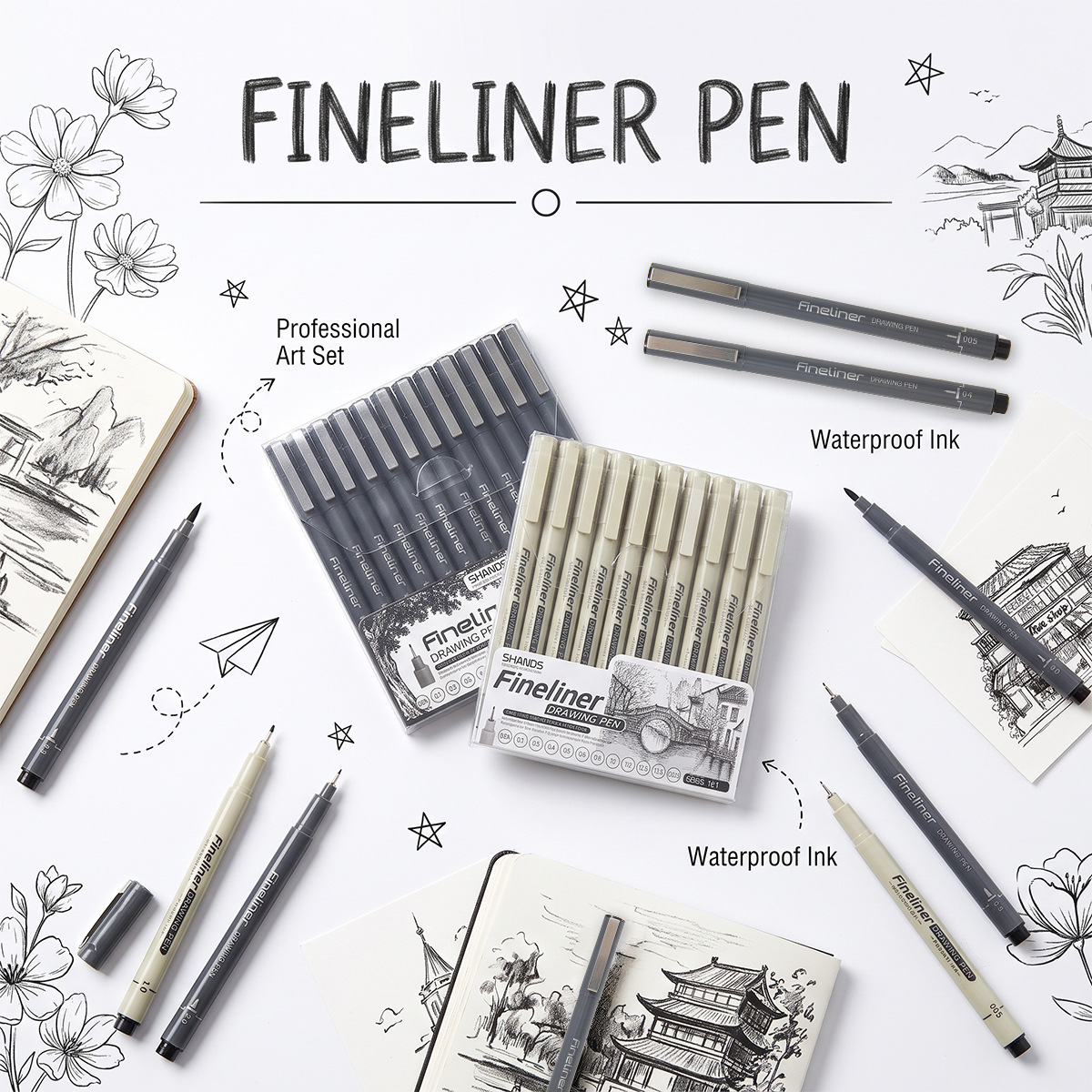 Fine-liner sketching and drawing pen, quick-drying waterproof needle-point pen for anime design and hand-drawn art