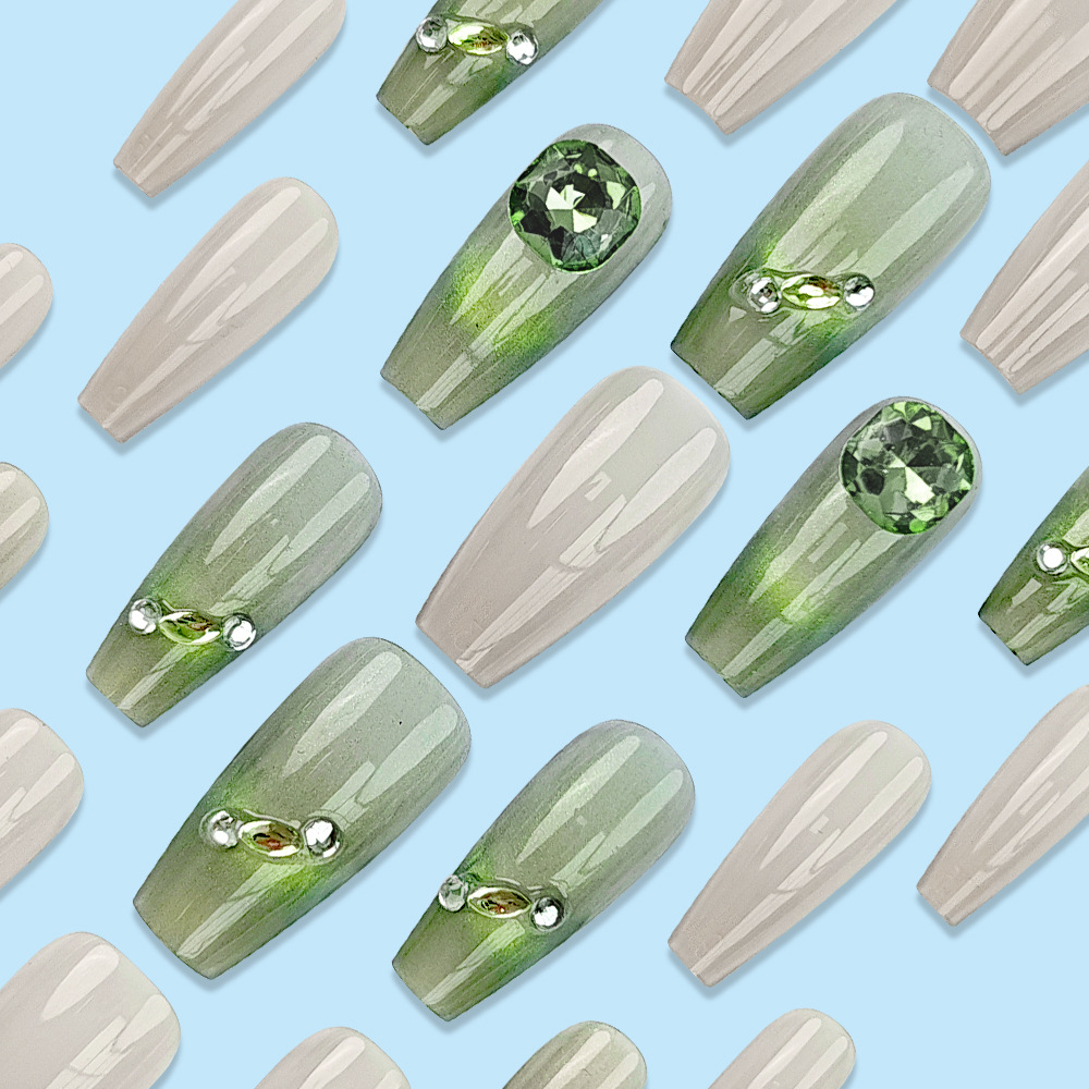 Diamante verde, ojo de gato, uñas largas, lujo brillante, uñas de ballet, 24 piezas, parches de uñas terminados