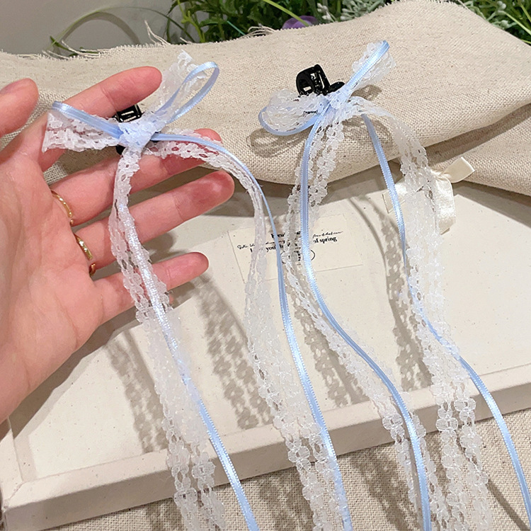 Super fairy white lace bow ribbon small grab clip female sweet girl back head double ponytail hairpin broken hairpin_voghion.com