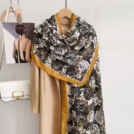 JM秋季棉麻围巾女百搭高级感山茶花印花丝巾披肩夏季出游防晒纱巾