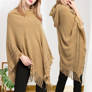 Sun protection mid-length pullover hooded cape large shawl autumn hollow tassel plus size loose slimming sweater