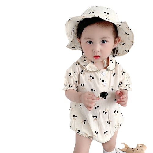  Korean Version Baby Girl Summer Outfit Cherry Short Sleeve Bodysuit Crawling Suit Diaper Cover Hat Set