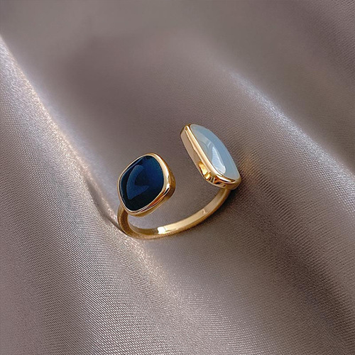 Elegant Blue Oil Drop Open Ring Korean Style Simple Plain Band Ring Women's All-match Fashionable Ring Minimalist Style Internet Popular Jewelry