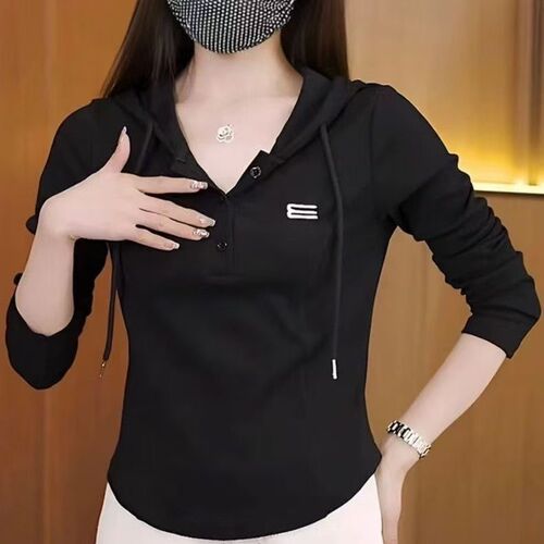 Mid-year leisure top 2025 versatile hooded sweatshirt spring and autumn thin style temperament slender covering stomach women long sleeve t-shirt