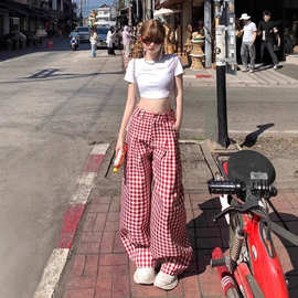 美式辣妹宽松阔腿裤女夏季红白格撞色百搭直筒休闲裤女多巴胺穿搭