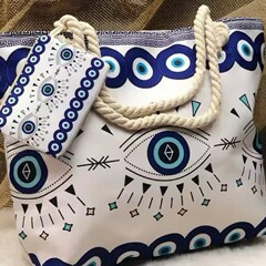 蓝眼睛女士沙滩包纯棉手提大容量帆布包可印logo海边单肩包2pcs