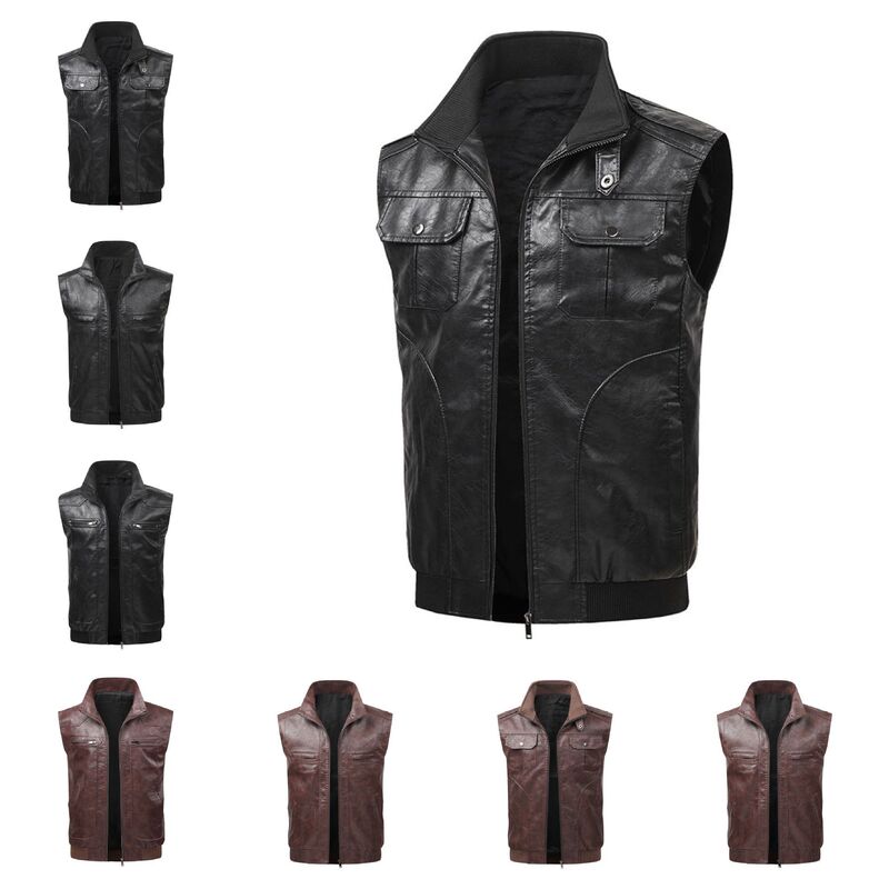 New cross-border product: Men's motorcycle multi-pocket PU casual vest, sleeveless stand-up collar jacket, trendy plus size