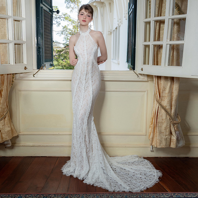 In Stock | Chinese-Style Retro Bride Wedding Toast Dress, White Formal Dress, Qipao, European and American Slim-Fit Evening Gown Dress.