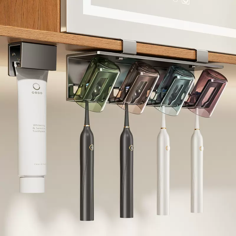 镜柜下牙刷置物架免打孔卫生间洗漱台壁挂漱口杯刷牙杯子挤牙膏夹