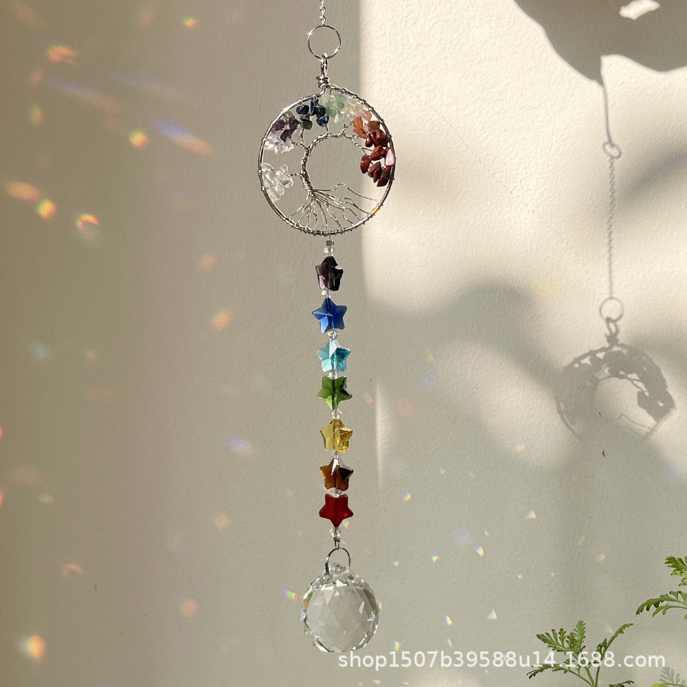 En stock transfronterizo exclusivo jardín fiesta decoración colgante colorido piedra Árbol de la vida de tres piezas de cristal Sun Catcher