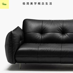 Small Household Retro-Style Leather Button Sofa, Mid-Century Designer High-End Straight Black Sofa