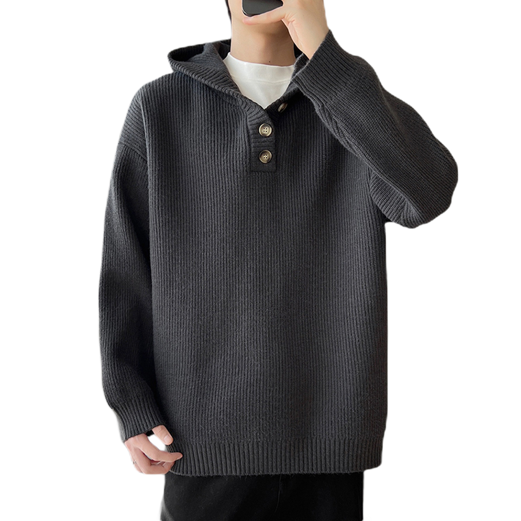 Explosiones transfronterizas de tamaño europeo suéter de punto con capuzas hombre flojo viento medio abierto botón fábrica de marea al por mayor