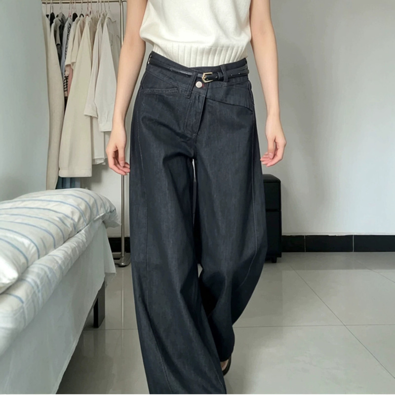 American-style original denim wide-leg jeans for women, 2026 autumn new model, low-waist, niche design, loose, floor-length pants