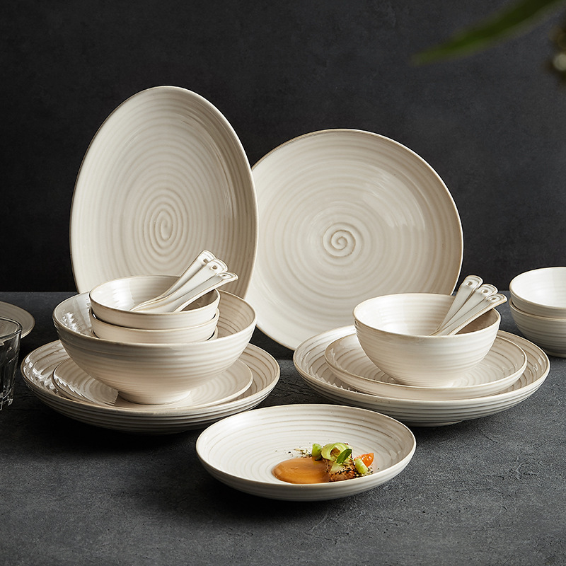 Dehua Threaded Dinnerware Set Wholesale for Home Use, High-End Minimalist Modern Light Luxury Style Japanese 2026 New Model Bowls and Plates Tableware