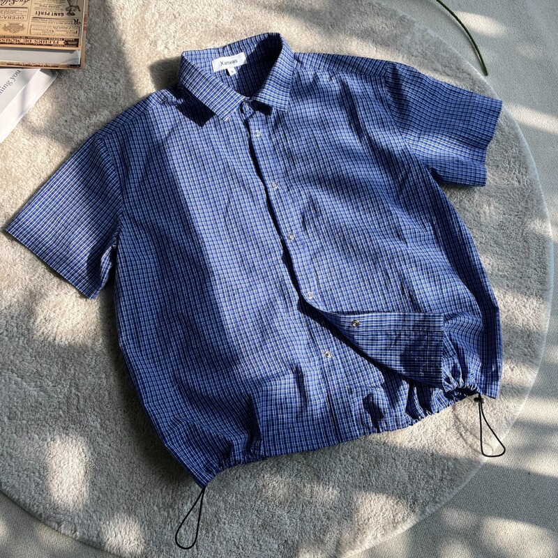 Escape from Guangfu South Royal Blue Plaid Drawstring Short Sleeve Shirt Unisex Short Casual Versatile Miu Style Top