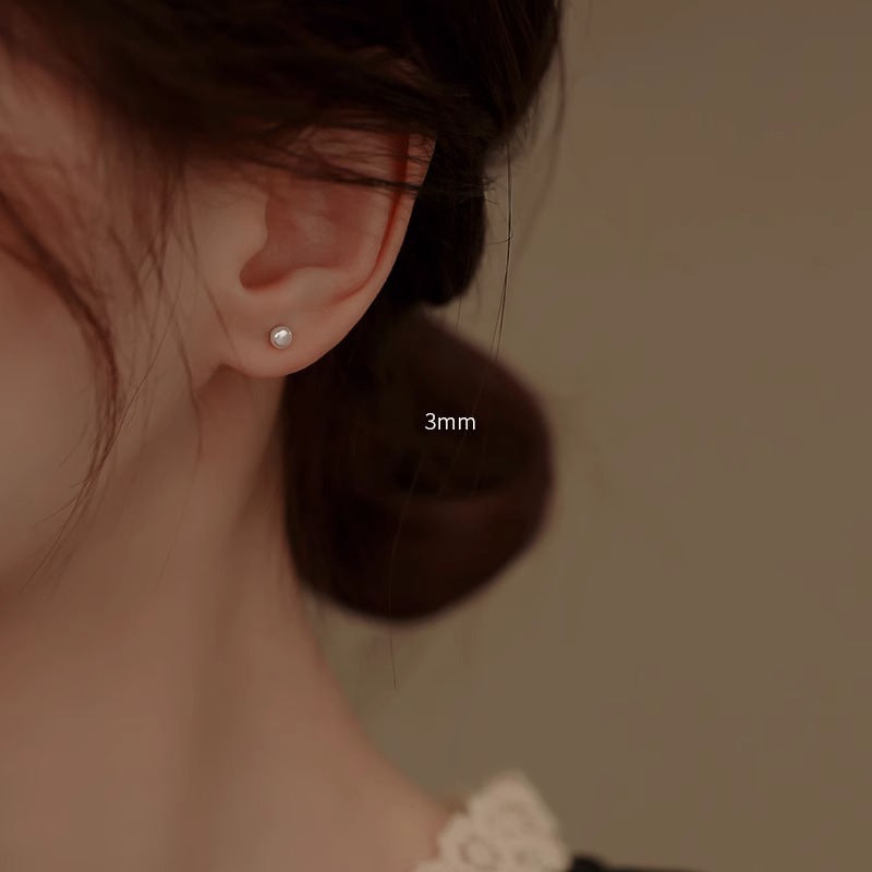 여성용 S999 스털링 실버 니들 담수 진주 귀걸이 [화이트 3mm]