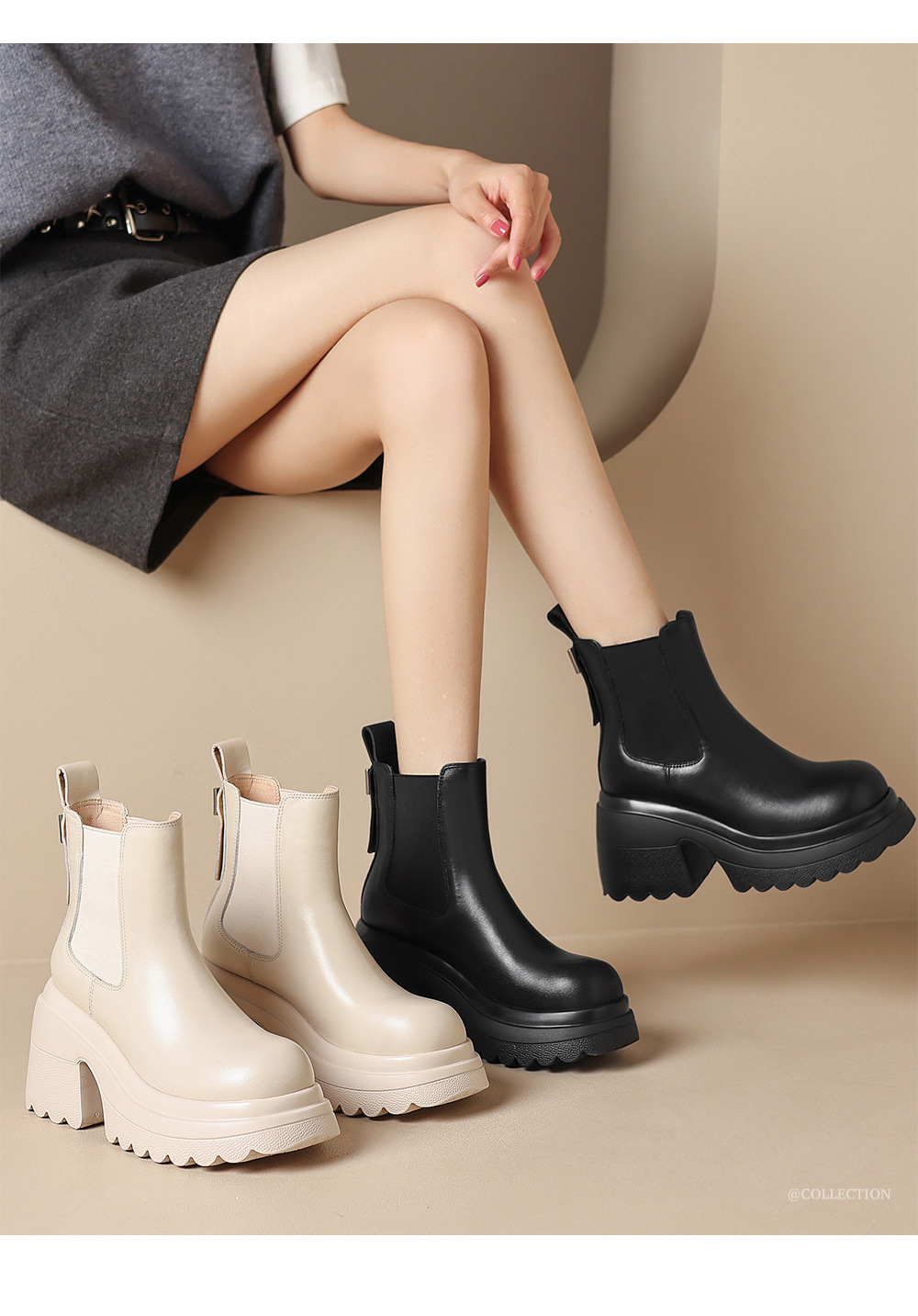 Boot Chelsea nữ da thật đế dày platform gót cao 9 cm mùa thu đông 2025 — Lớp lót đơn màu be, Lớp lót nhung đen, Lớp lót nhung màu be, Lớp lót đơn màu đen chi tiết 2