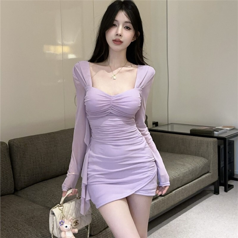 Trendy Off-Shoulder Low-Cut Sheer Mesh Dress with High Waist, Irregular French Style, Sexy Slim-Fit Bodycon Short Dress
