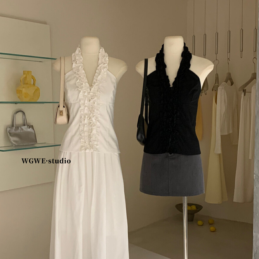 WGWE francés dulce y puro con orejas de madera, cuello halter sin mangas, delgado y delgado, camisola de todo fósforo, top de primavera y verano para mujer