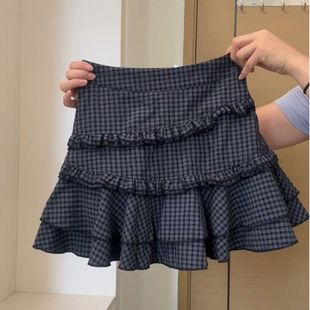 Retro Fresh and Fashionable Plaid A-Line Skirt for Women with Ruffled Design and Puffy Skirt Cake Skirt