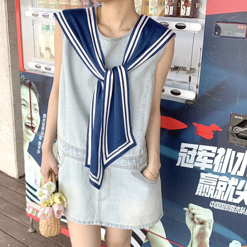 Versión coreana del chal rojo de la red de estilo marino, habitación con aire acondicionado, hombro, camisa exterior a rayas blancas y negras para mujer, cuello falso de punto de primavera y otoño