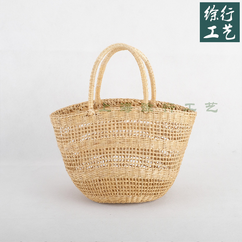 Handcrafted Straw Woven Handbag with Hollow Design, Round Frame, Beach-Style Women's Tote Bag