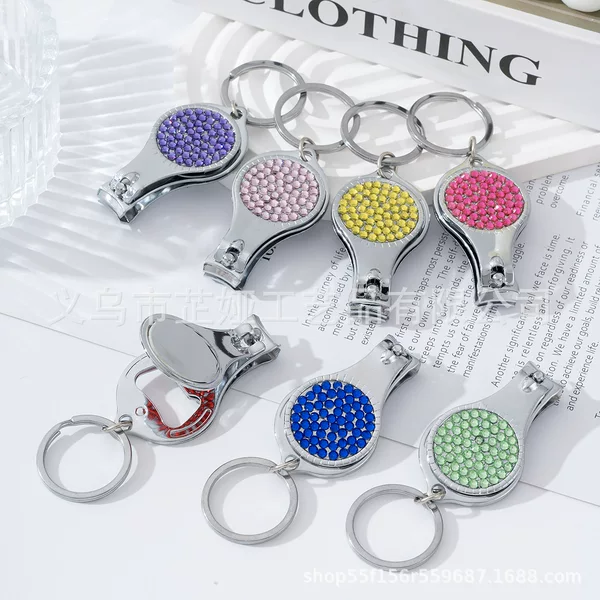 Cross-border diamond-encrusted multifunctional flat-blade nail clipper and bottle opener 2-in-1 keychain nail cutter bottle opener manicure scissors