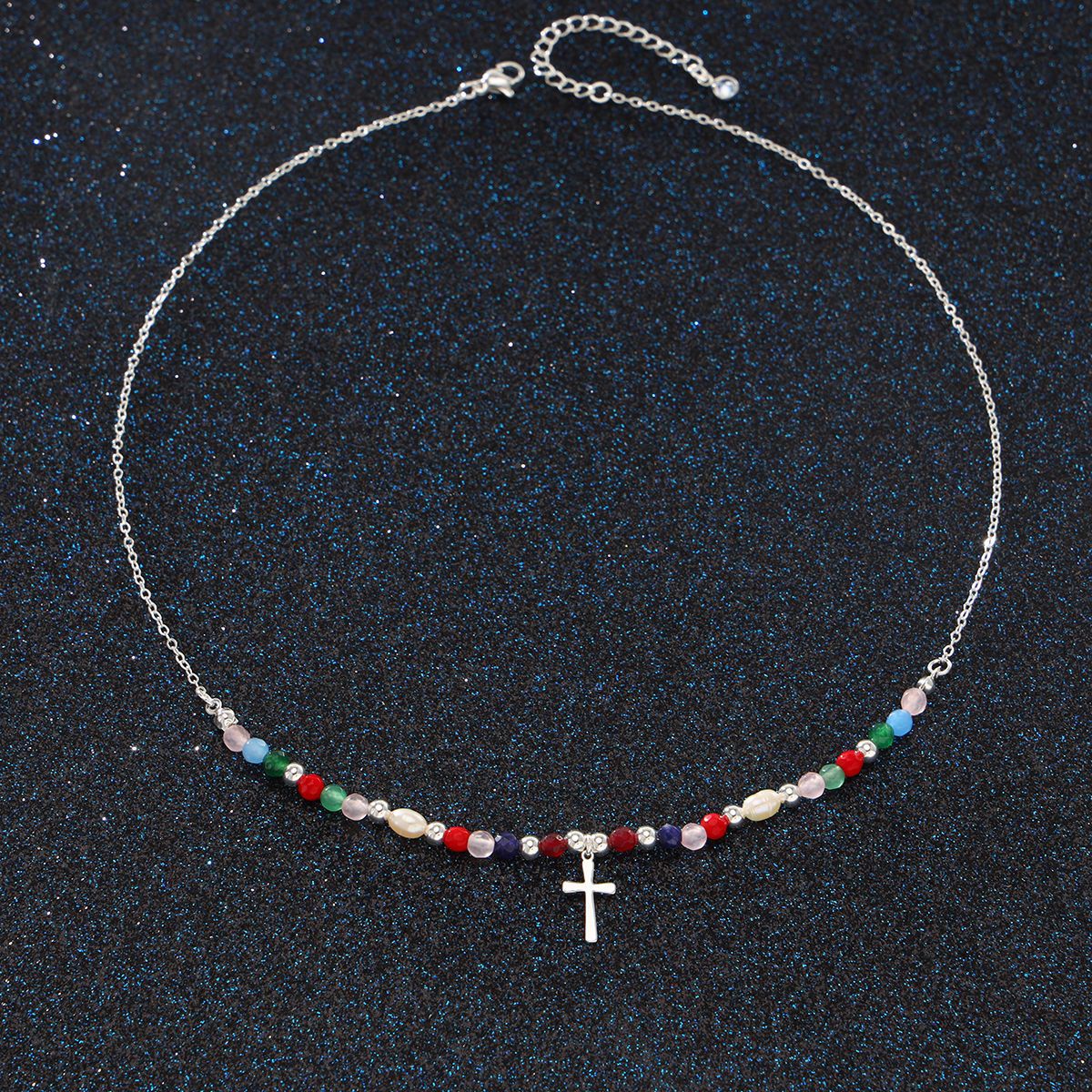 Collier de perles avec pendentif croix pour femme, style simple_voghion.com