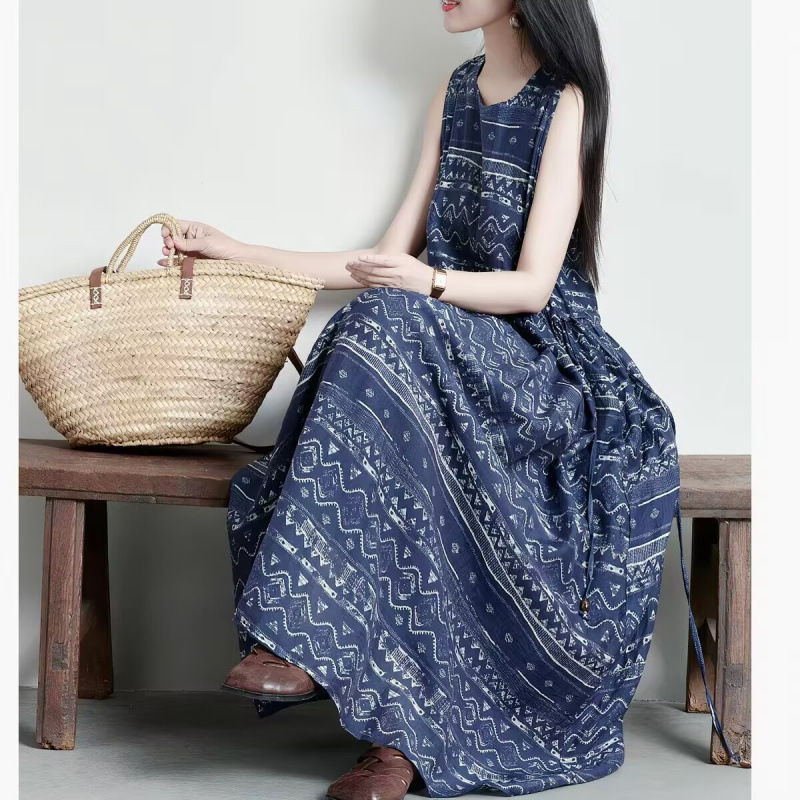 2026 New Style Artistic Retro Bohemian Printed Vest Dress Blue 2026 New Style Artistic Retro Bohemian Printed Vest Dress Blue