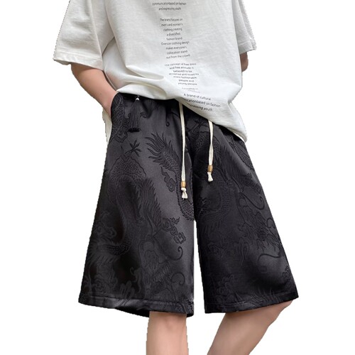 Summer ice silk shorts, men's China style, dragon pattern, jacquard sports quarter pants, loose outer wear, thin casual beach pants