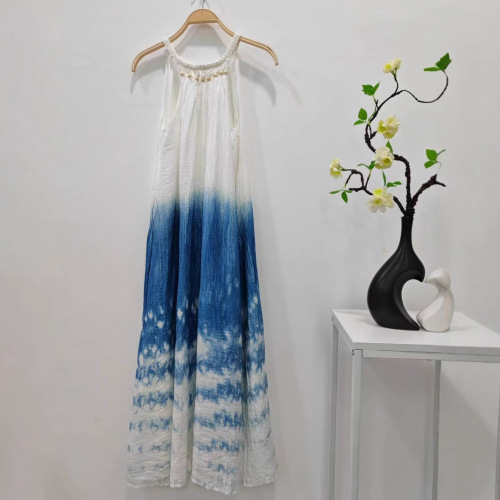 Original Yunnan Pure Plant-Based Banlangen Handmade Tie-Dye Blue Dress, Artistic Long Gown with Straps