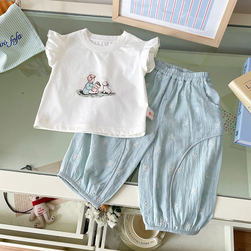 【现货】女童童套装2025夏季新款宝宝两件套飞袖T恤刺绣裤子套装