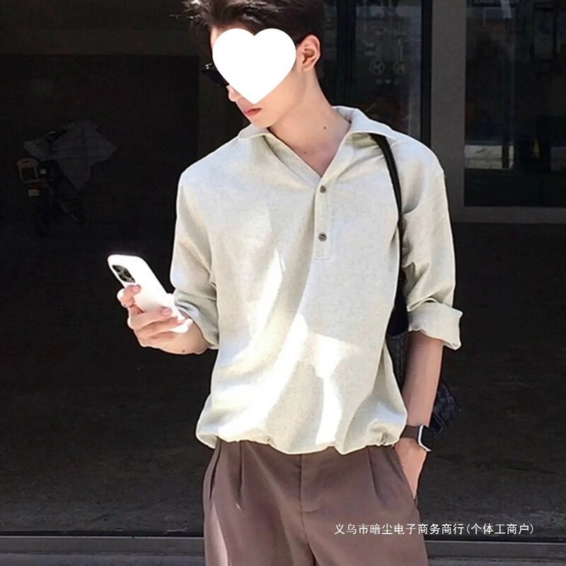 Old Money Style Henry Collar Long-Sleeve T-Shirt for Men, Early Autumn Outfit, Designer Drawstring Polo Shirt, Linen Blend Base Shirt