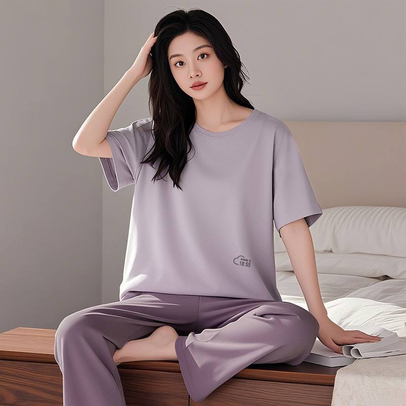モーダルパジャマセット女性の夏のルーズ半袖 Tシャツアウターカジュアルパンツ大きいサイズホームウェア 2 点セット|undefined