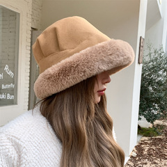 冬季新款加厚防風拼接水桶漁夫帽褶皺設計感加絨防風護耳保暖盆帽