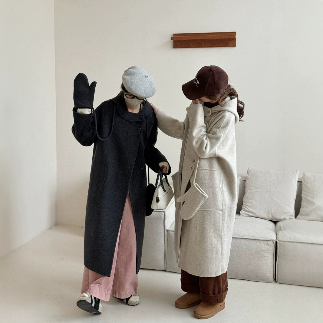 (2개) 가을과 겨울 새로운 후드 긴 울 코트 간단한 순수 컬러 벨트 장갑
