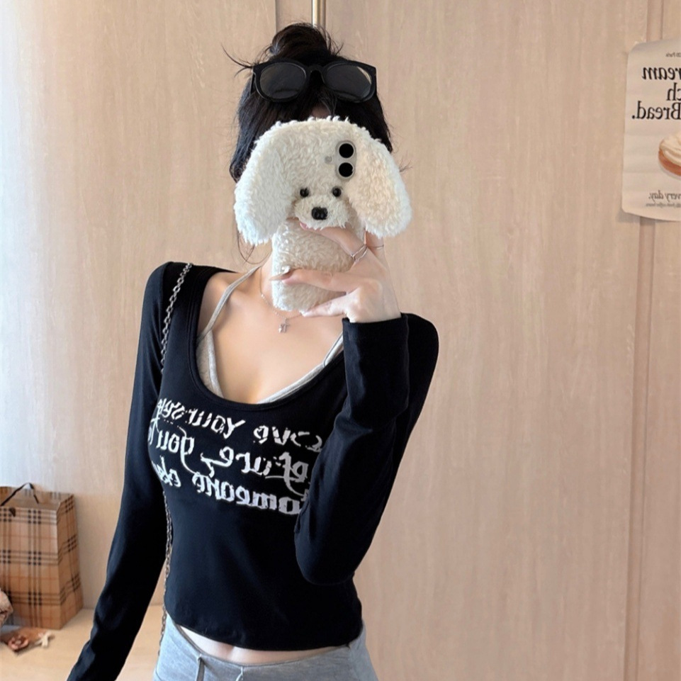 5059#初秋新款甜辣假两件字母印花长袖T恤短款修身固定带胸垫上衣