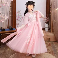 Летнее платье для девочек Hanfu, китайский стиль, костюм Тан, платье феи, древний стиль, платье принцессы с вишневым цветком, студенческий древний костюм