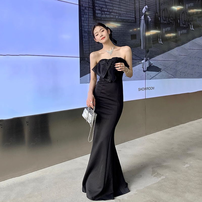 French style black sexy bow tube top long birthday evening dress Hepburn style formal occasion fishtail dress