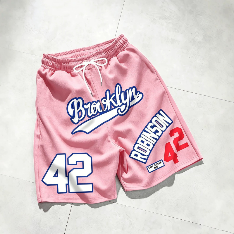Summer Trendy Brand Robinson No. 42 Pink Sports Shorts, Unisex American Retro Street Style Basketball Shorts Summer Trendy Brand Robinson No. 42 Pink Sports Shorts, Unisex American Retro Street Style Basketball Shorts
