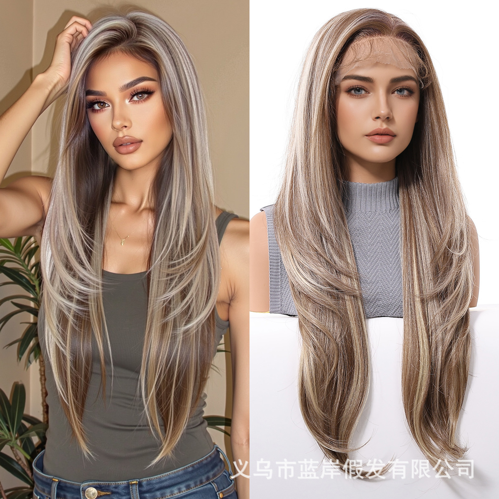 Nuevo estilo de moda 13*6 peluca de área grande, costura libre, teñido, capa dorada, sensación de atmósfera, cabello largo, casco completo