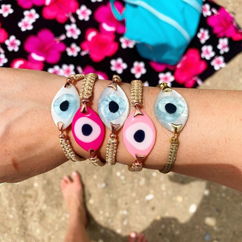 Cross-border European and American Internet Popular Ethnic Style Hand-woven Hand-rope All-match Resin Shell Turkish Evil Eye Bracelet for Women