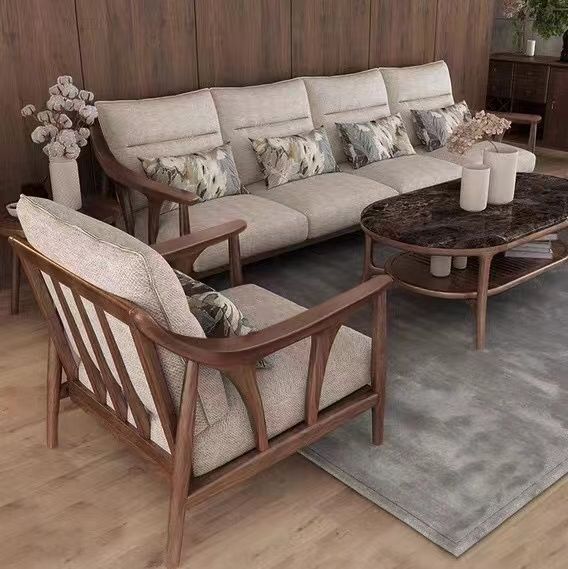 Nordic solid wood sofa set modern minimalist Chinese style fabric sofa for small apartment living room furniture walnut color
